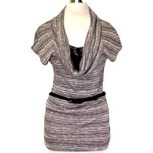 Black White Cowl Neck Black Lace Accent Tunic Top